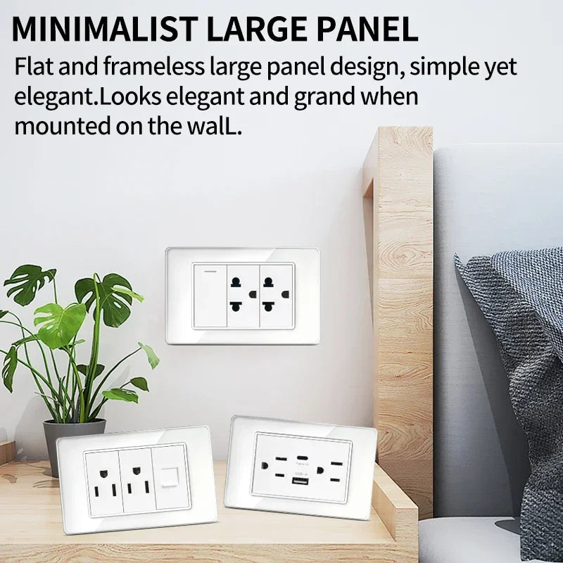 US MexicoSeries Tempered Glass Panel Plate Power Wall Socket USB Type-C Outlet Light Switch 2Way Control Home Office 110V