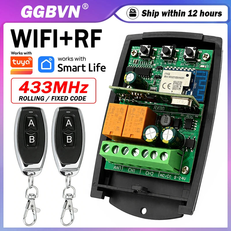 New Universal 433MHz WIFI Smart Switch Module 2CH 433.92MHz Garage Door Remote Control Receiver Gate Controller Works With Tuya