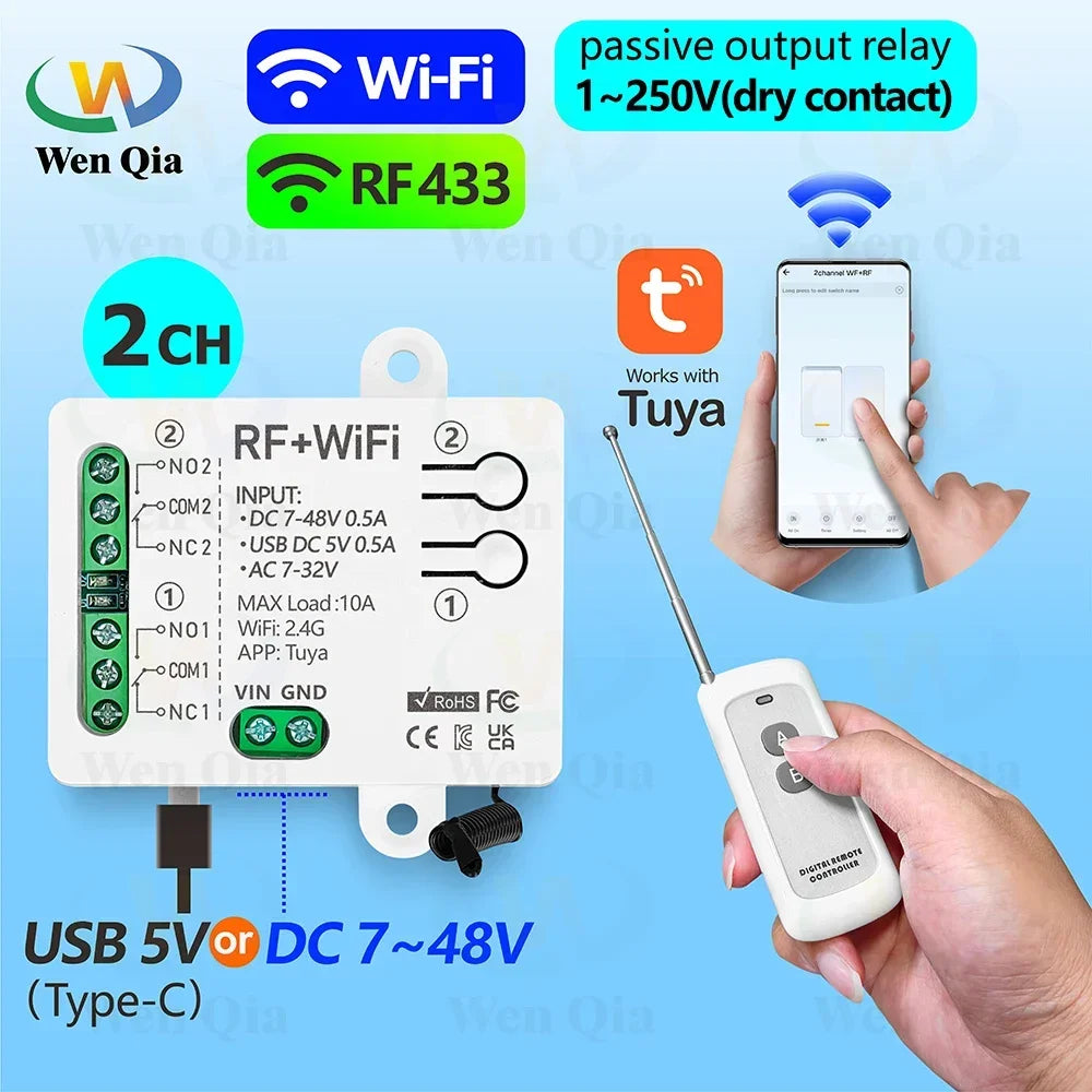 2CH Smart Light Switch Tuya,WiFi & RF Remote Control Module,USB 5V DC 12V 24V 48V,work with Alexa Google Home,for Lamp Fan Motor