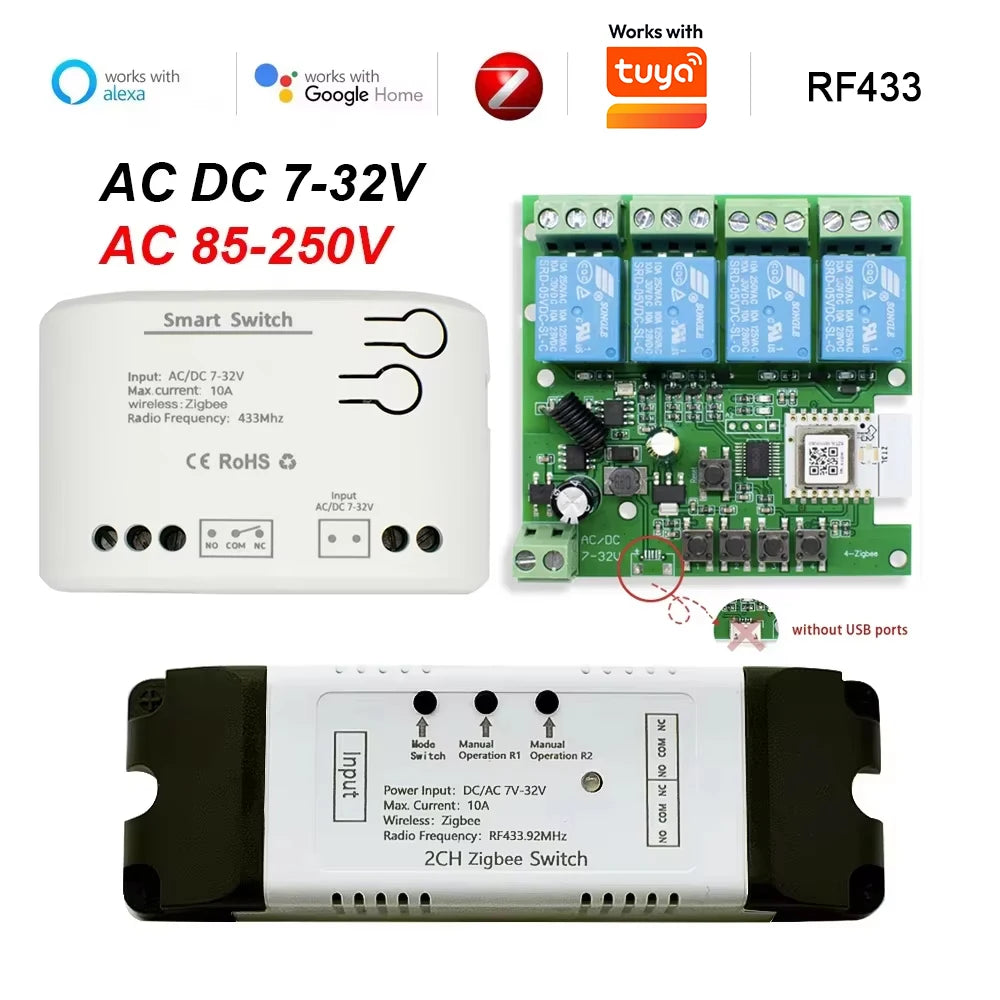 Zigbee 1 2 4 Gang Switch Relay Module Dc 12v 24v 220v Dry Contact 4CH Din Rail Controller Works with Tuya Alexa Gateway Required