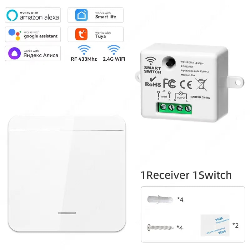 Tuya Smart Home Wifi RF433 Mhz Switch 1/2/3gang Button Switch Strong Signal Wiring-free Remote Control  Works with Alexa Google