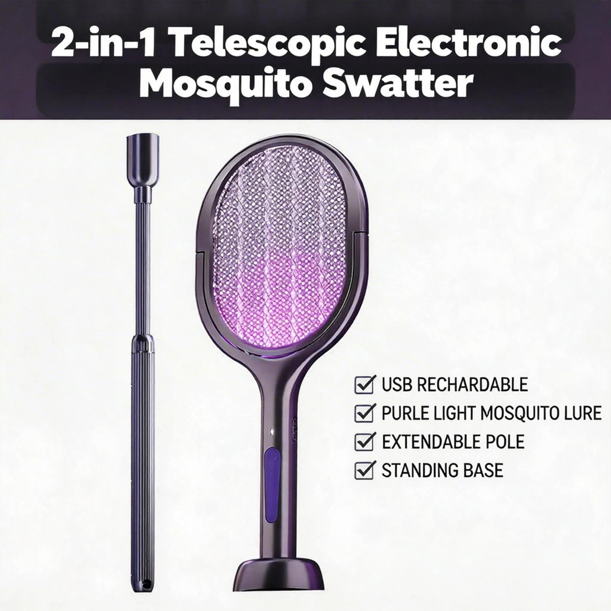 Space Silver Telescopic Bug Zapper 2-in-1 Foldable Fly Swatter UV Light Mosquito Killer Lamp Family Safe Home Bedroom 2800V