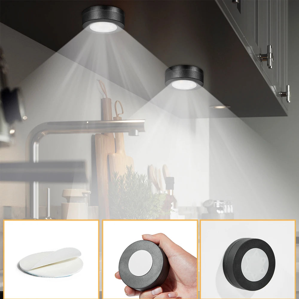1-6Pcs Black CCT Round LED Under Cabinet Closet Light Furniture Dimmable Wardrobe Lamp Warmwhite White 3000-6500K Remote Control