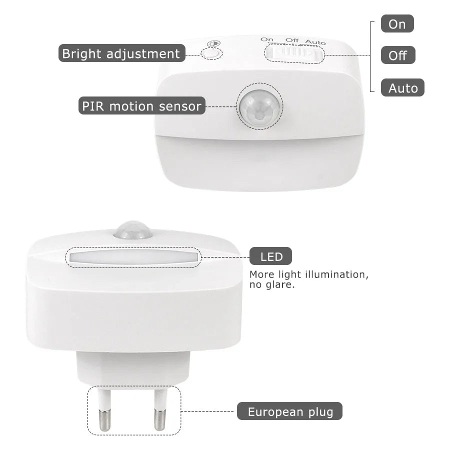 Wireless LED Motion Sensor Night Light Plug In Motion Detector Bedroom Staircase Closet Bedside Night Lamp 220V Battery Powered