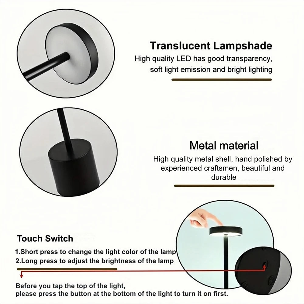 LED Metal Desk Lamp 3-Color Touch Control Adjustable Brightness USB Rechargeable Portable  Bedroom Living Room Bar Decoration