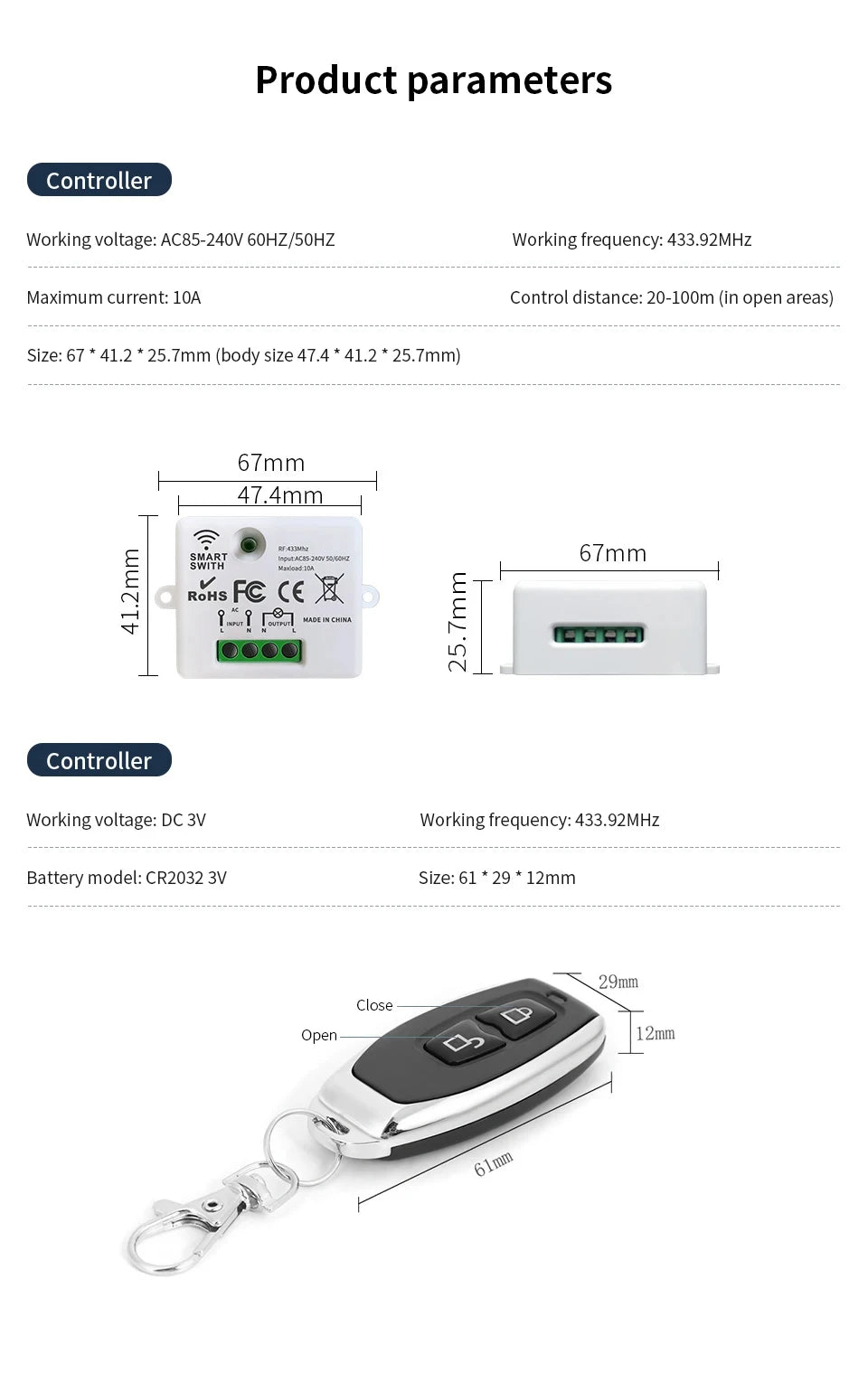 433MHz Wireless Remote Control Light Switch AC 220V 10A On Off Remote Controller Transmitter Wall Panel Switch For Lighting Led