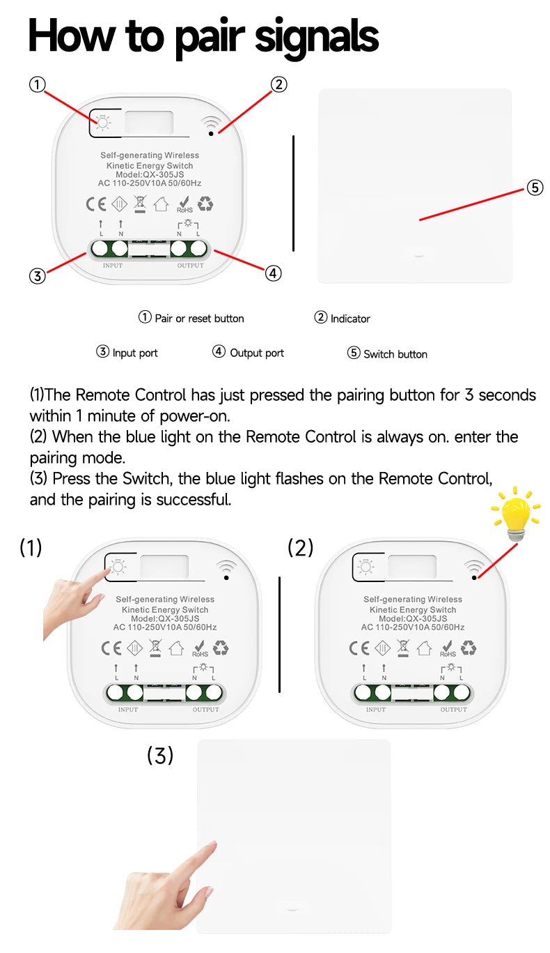 Battery Free RF433 Household Wireless Wall Switch Wiring Free Self Generating Kinetic Energy Panel Waterproof Lighting Switches