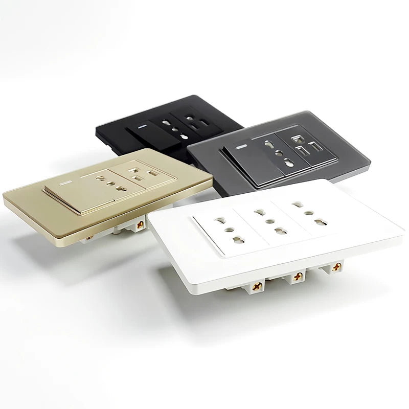 118*75mm TEMPERED GLASS SWITCH PANEL Wall Socket with USB Type - C, Grey US Switch, Thai Plug for Home & Office Use