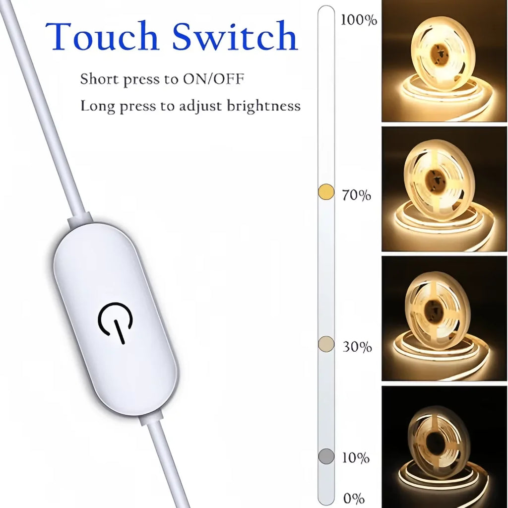 1M-5M USB LED Strip Light 5V 320LEDs/M COB Touch Sensor Dimmable Lamp Tape DIY TV Mirror Backlight Kitchen Room Night Lighting