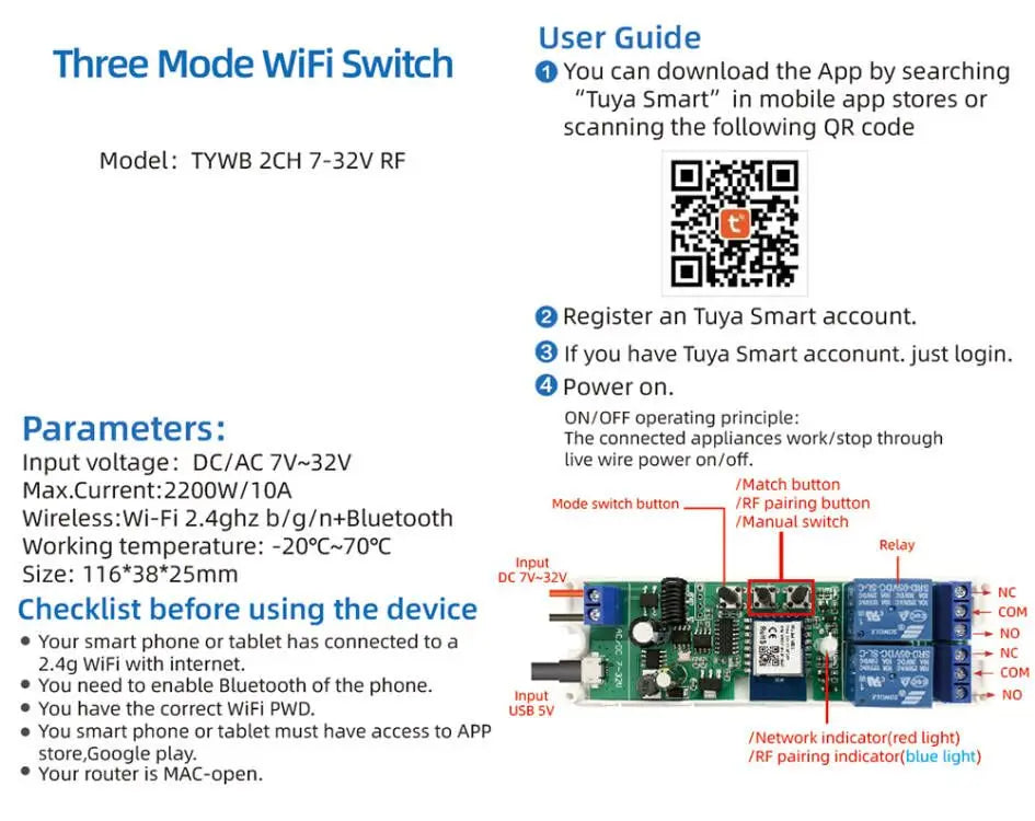 Tuya Wifi Smart Switch Electric Linear Actuator Motor Controller,DC AC 12V 24V 32V,110V 220V RF433 Remote,2CH Pulse Module Relay