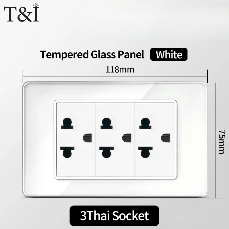 T&I 118*75mm Tempered Glass US Wall Socket White Thai USB Socket Plug with Dual USB Type-C Ports,Light Switch 110V