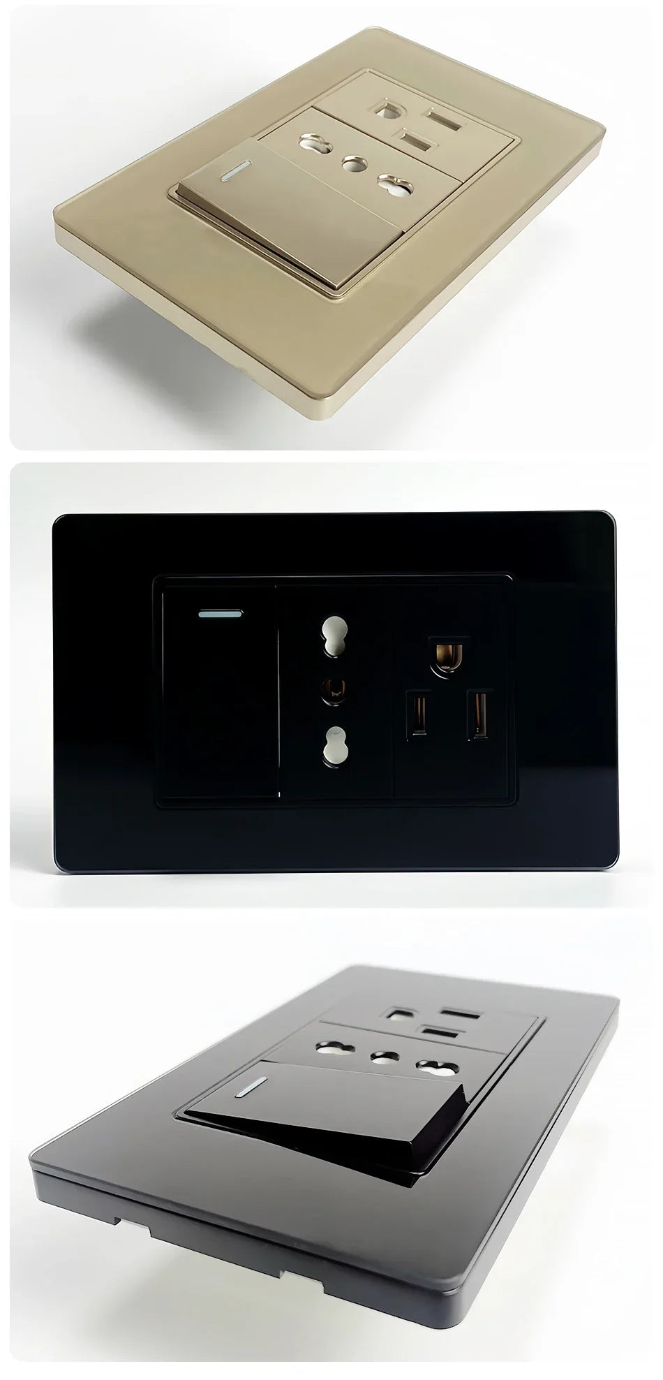 118 Series Black Tempered Glass Wall Switch Socket Italy Standard 16A Outlet with USB Type-C 20W Fast Charging for Home Office