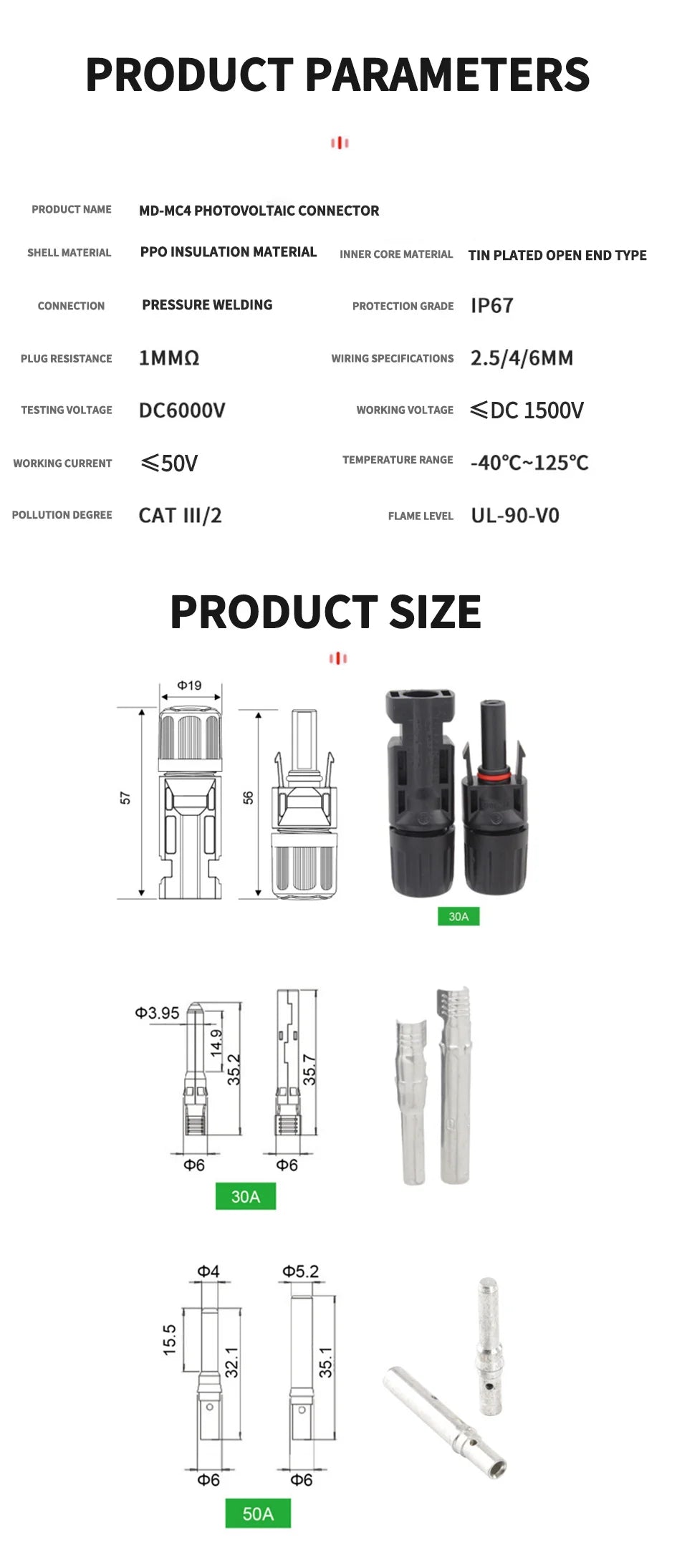 400/200/100/40/20/10 Pcs Photovoltaic Solar Connector Kit 1000V 30A Panel Solor Connectors for PV/MC Cable 2.5/4/6mm2