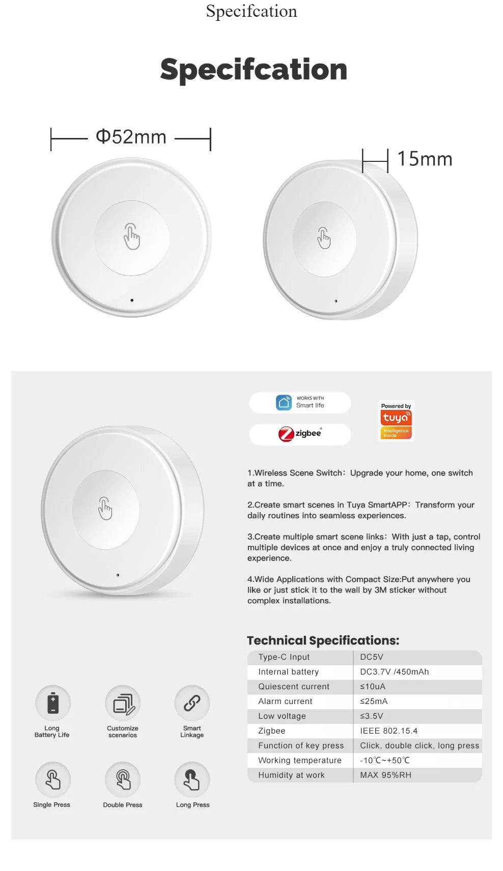 Smart Scene Switch Wireless Zigbee Tuya, Mini Remote Control for Smart Life, Create 3 Scenes, Perfect for Bedroom Kitchen