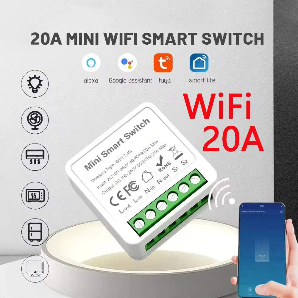 For Tuya Mini Smart WiFi Switch 16A Zigbee DIY Light Smart Switch Relay Breaker Automation Module 2-way Control Home Assistant