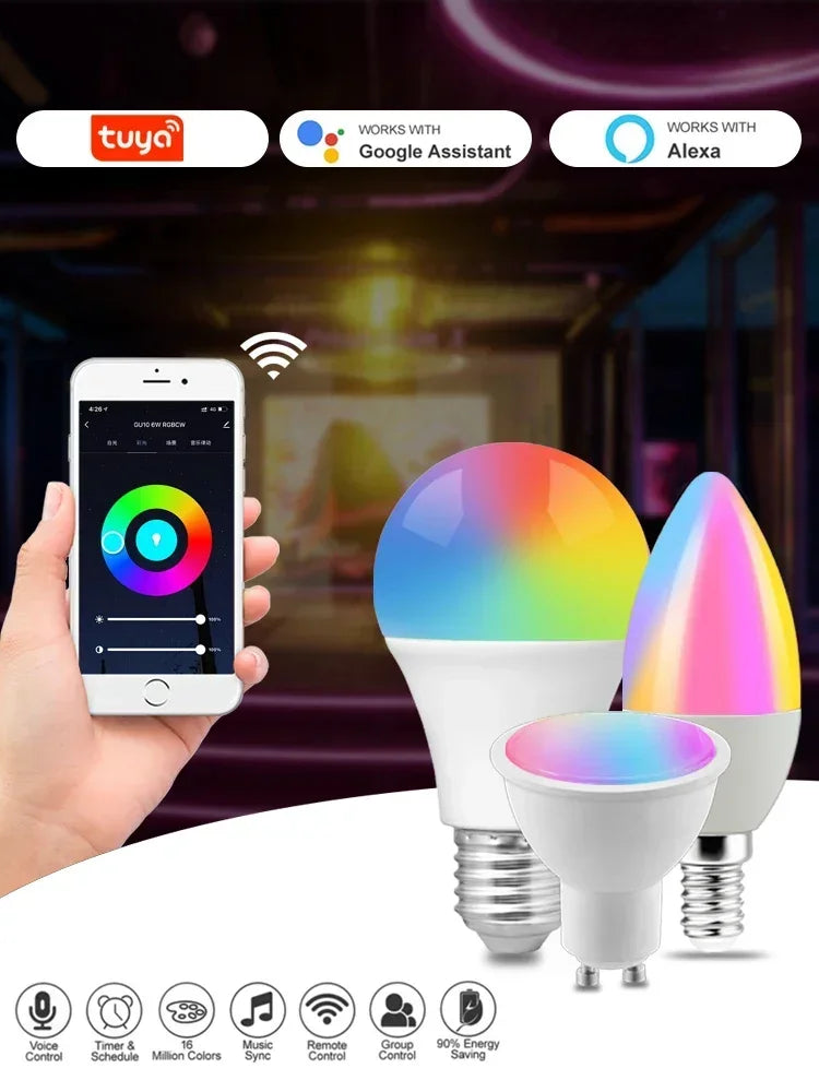 RGB Smart LED Bulb Dimmable Tuya Gu10 C37 A60 T37 E14 E27 B22 Light Wifi Magic Lamp AC 110V 220V Works with Alexa Google Home