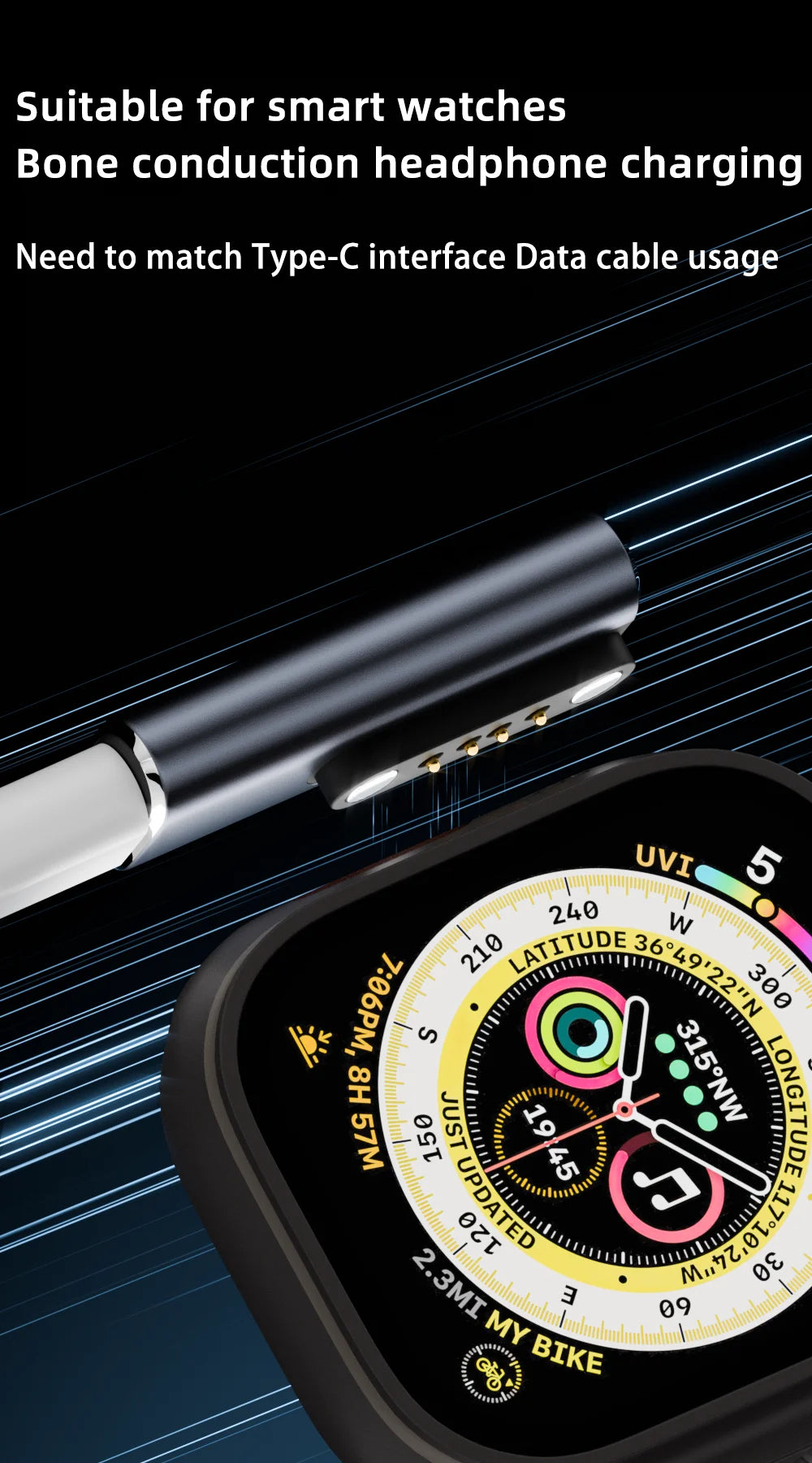 Suitable for Shokz devices bone transfer headset/smart watch charging adapter USB-C to 7.62MM 2-pin/4-pin magnetic charging port