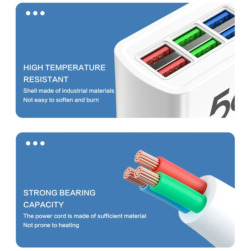 6 in 1 Fast USB Charger Power Strip Desktop Fast Charging Station with 1m Cord USB Hub Adapter Socket for iPhone Home EU US Plug
