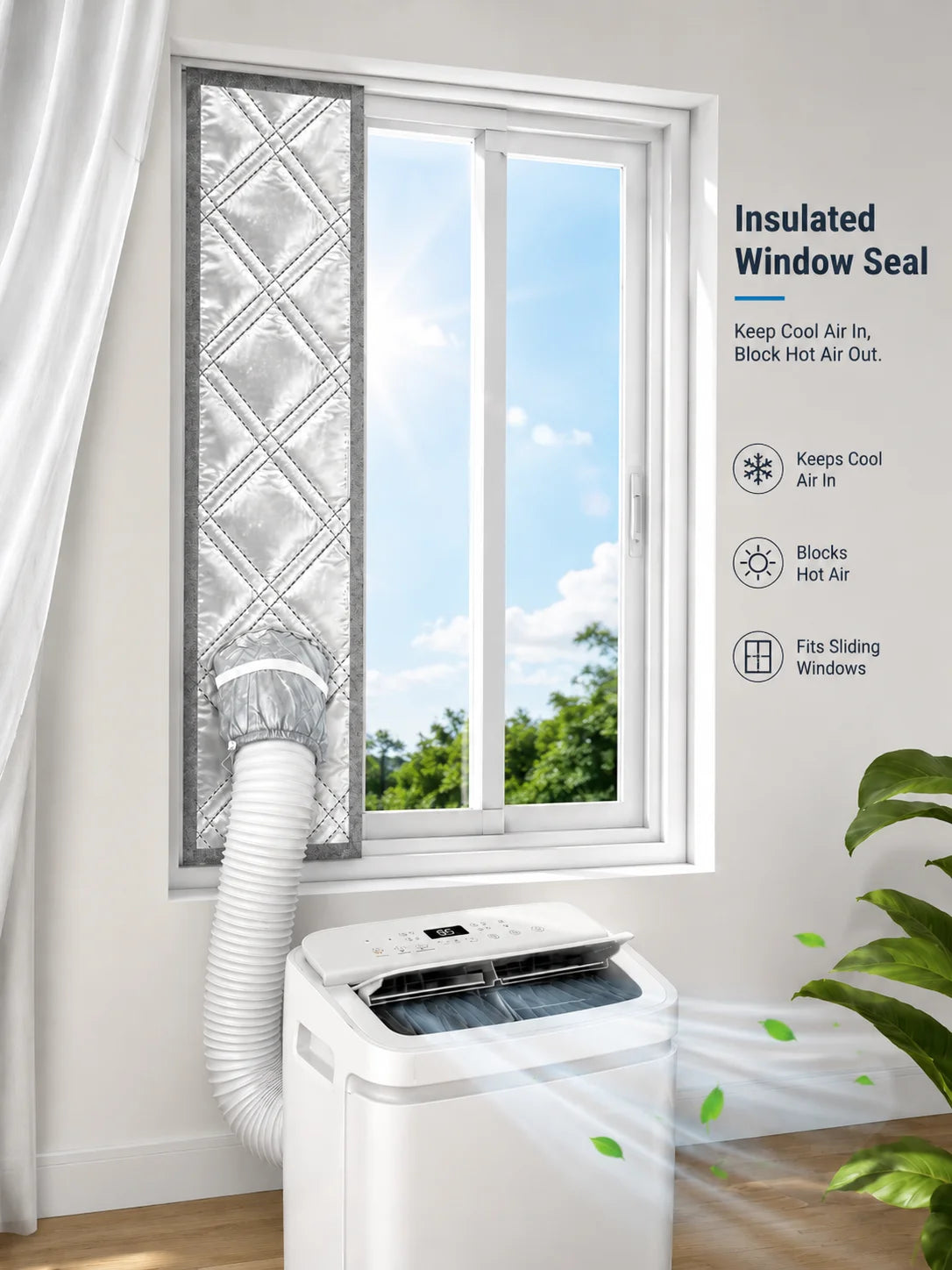 Padded Portable AC Window Seal Kit Silver Coated Sliding Window Vent Cloth for Air Conditioner Exhaust Hose Insulation