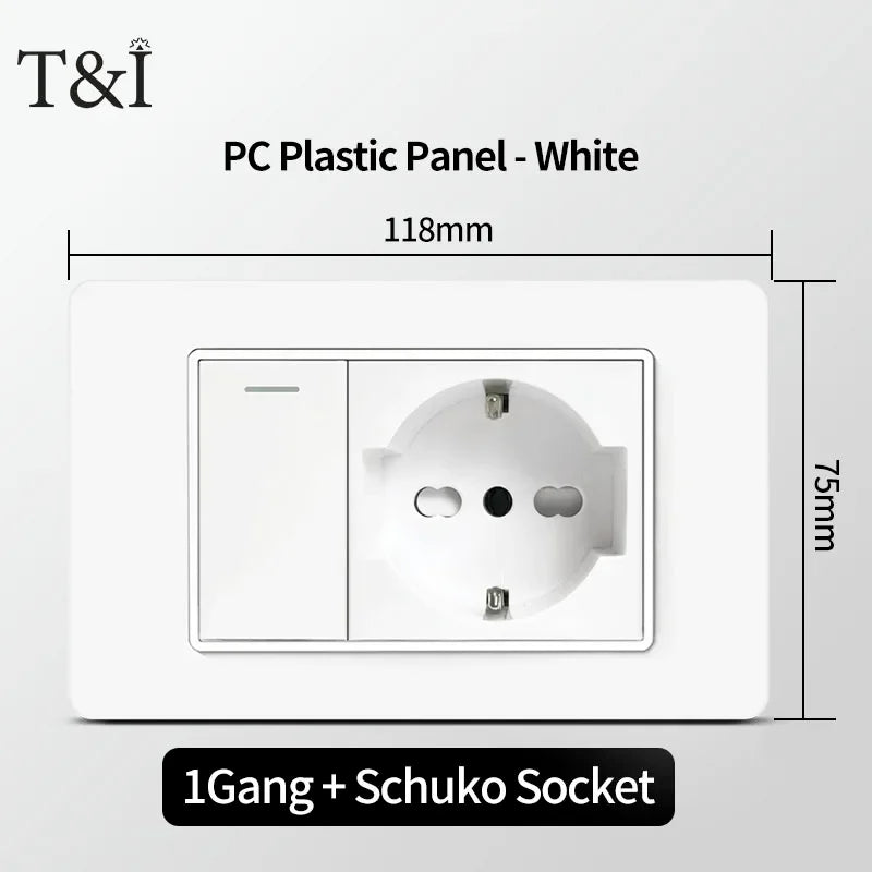 118 PC Plastic Panel Socket USB Type-C 20W Fast Charging Italy Chile Smart Wall Outlet Plug White Light Switch Home Office