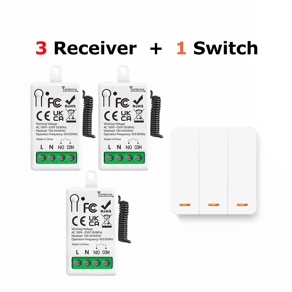 433MHz Smart Light Switch AC 110V 220V Receiver and 1/2/3Gang 86 Wireless Push Button Switch Transmit 50m for Home Improvement