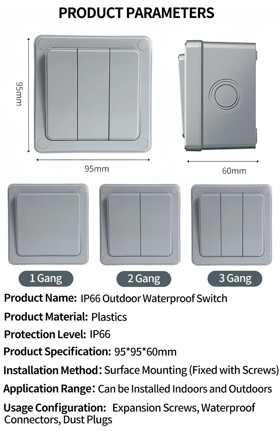 IP66 Rated Outdoor Wall Switch - 16A Weatherproof Push Button, 1/2/3 Gang for Home, Garden & Exterior Electrical Applications