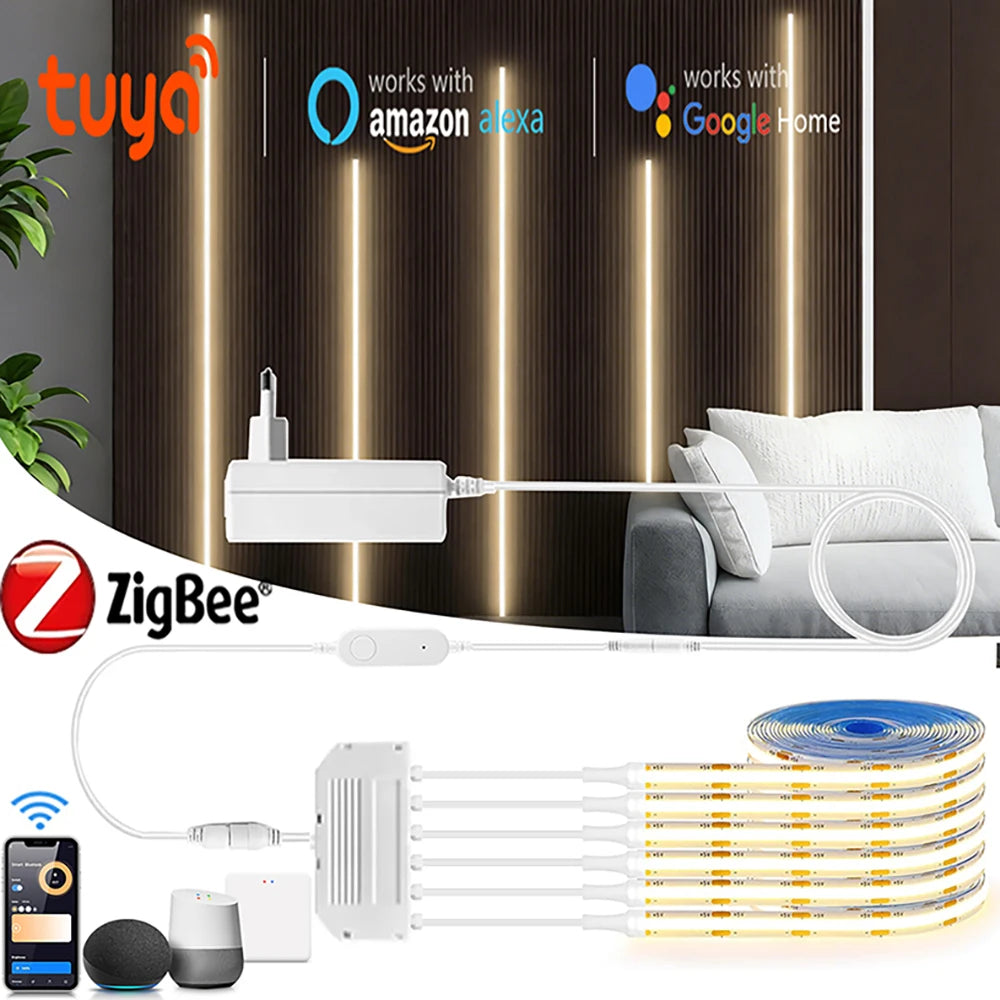 Zigbee Smart Under Cabinet COB LED Strip Dimmable Light Bookcase Wardrobe Closet Tuya Lamp Tape App Remote Control Wifi Lights