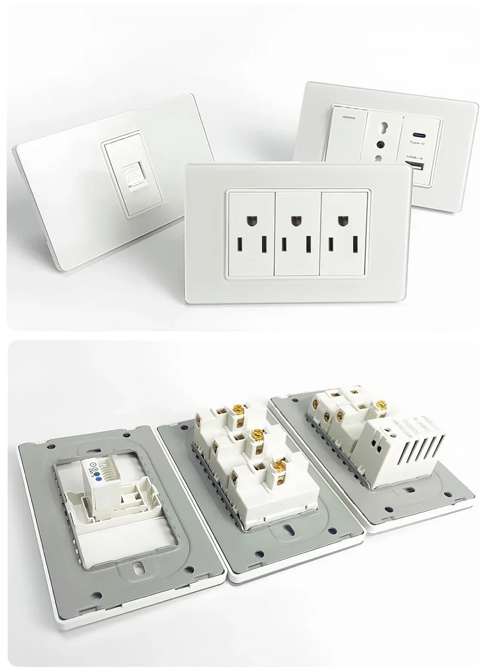 US MexicoSeries Tempered Glass Panel Plate Power Wall Socket USB Type-C Outlet Light Switch 2Way Control Home Office 110V