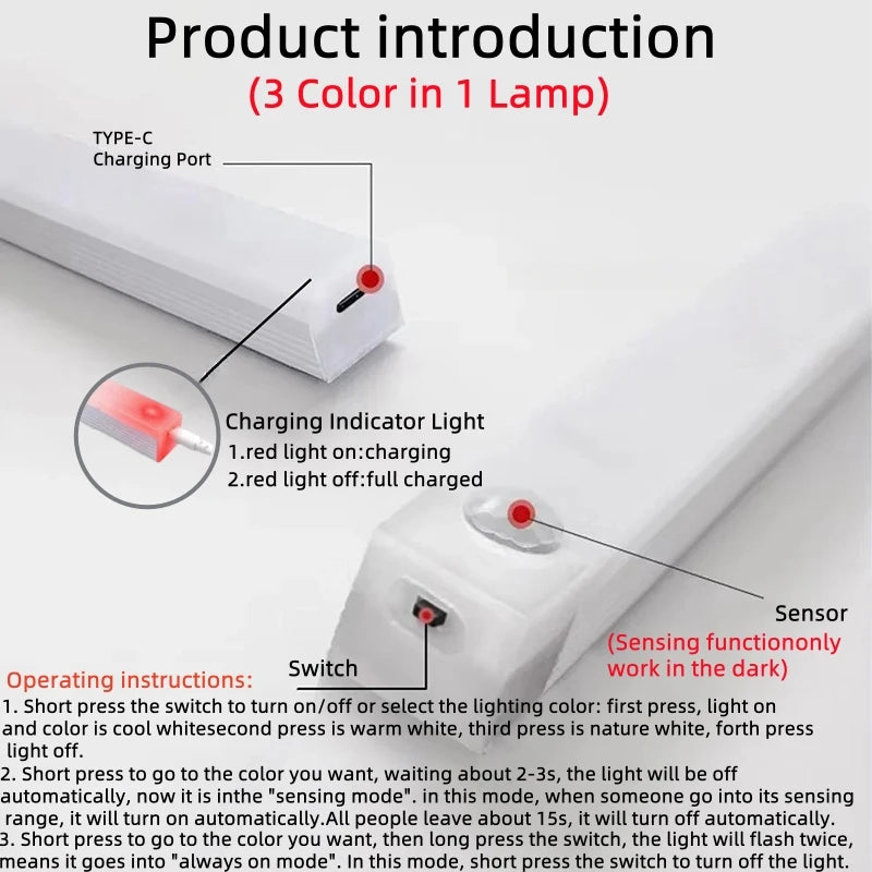 Motion Sensor  Bar  Light Type C Rechargeable Light  LED Magnetic attraction Night Light  for Kitchen Bedside Wardrobe bookcase