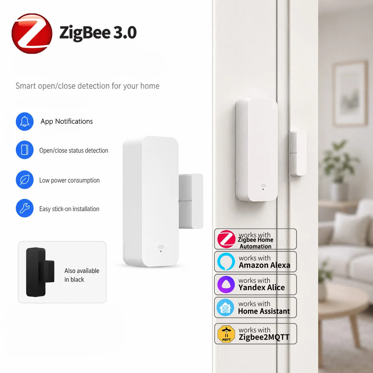 This Zigbee 3.0 Door/Window Sensor requires a Zigbee Gateway And Supports Home Assistant, Yandex, Alexa, Zigbee2MQTT, And ZHA.