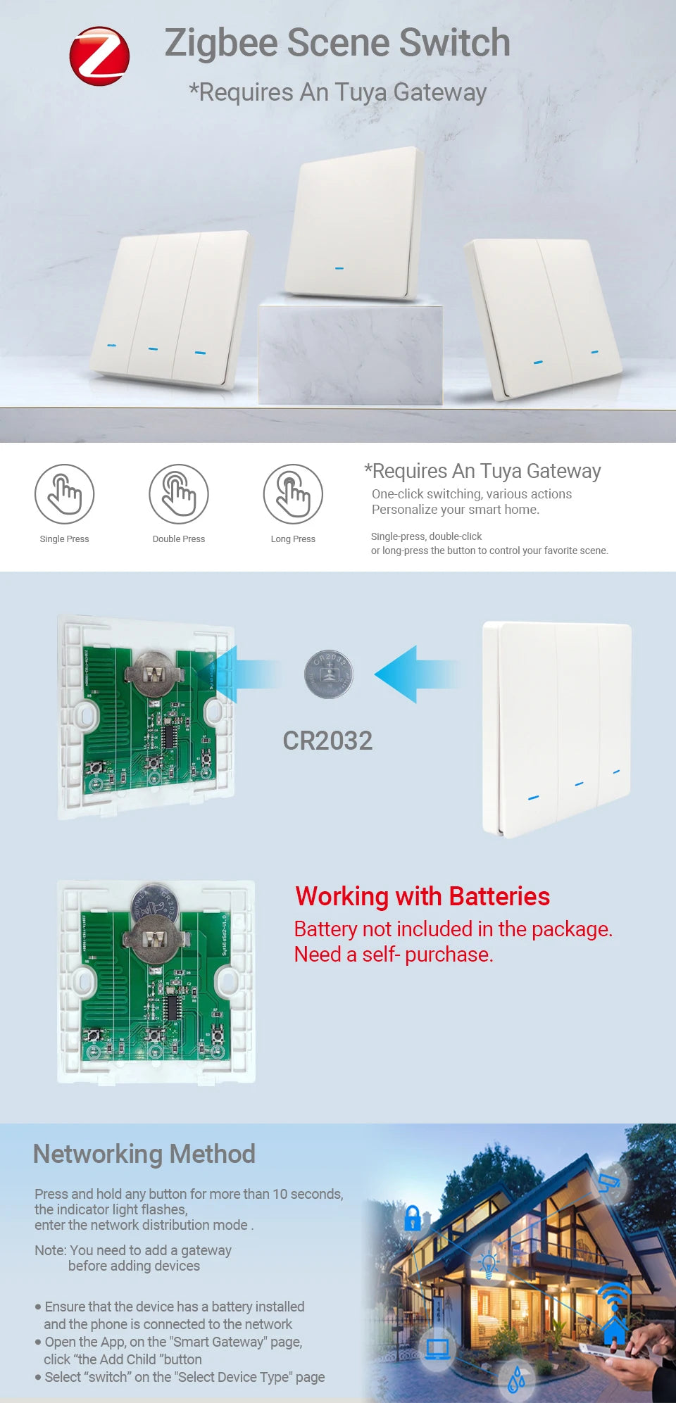 Tuya Zigbee Push Button Smart Switch EU UK Light Switches No Neutral Required Alexa Google Home Automation  Zigbee2MQTT 2/3 Way