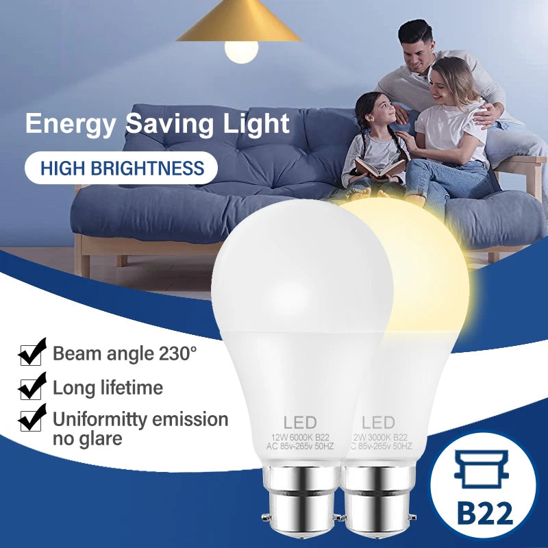 B22 9W 12W LED Bulb Energy Saving AC85-265V LED Lamp Bulb for Living Room Home Kitchen Garage Indoor