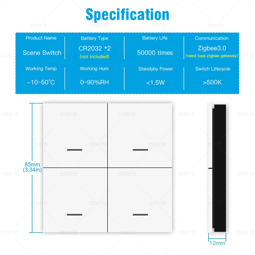 Tuya Zigbee Wireless Smart Scene Switch 4 Gang 12 Modes Home Automatic Lighting Scene Button Controller Need ZigBee Gateway