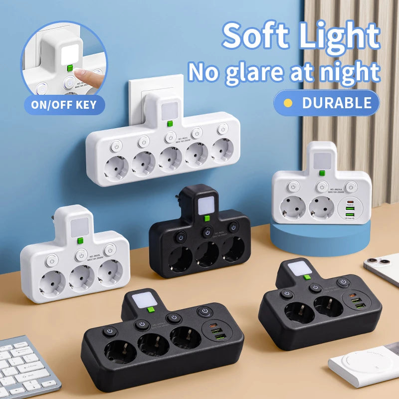 EU Plug Outlet 2-6 Sockets Electrical Socket No Extension Cord With or without it USB Type-C Ports Two specifications