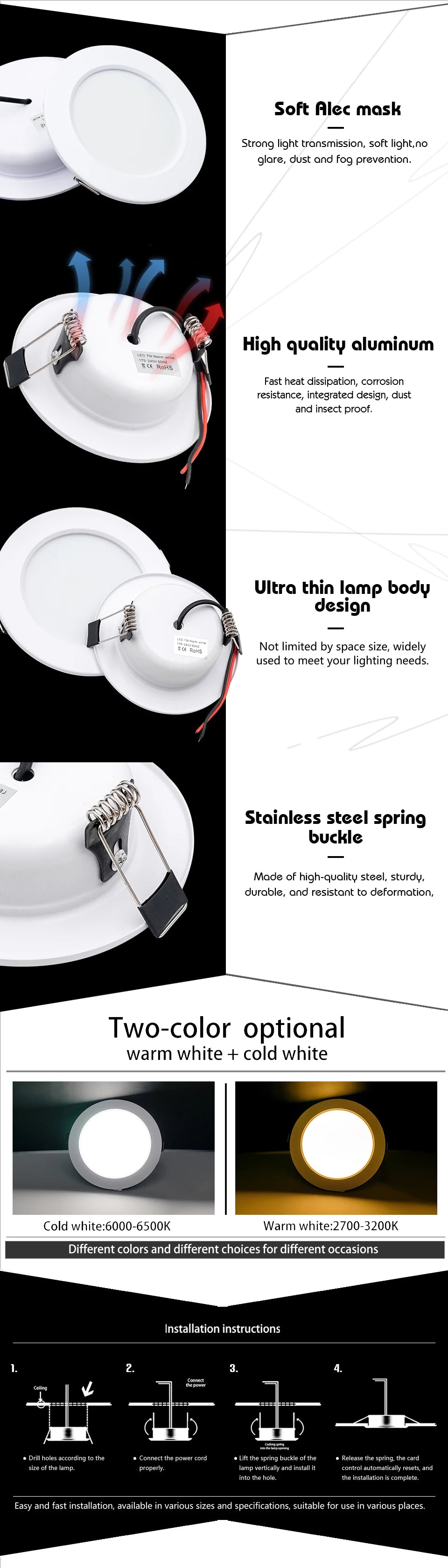 6Pcs LED Downlight AC110V 220V DC12V 24V Recessed Round Ceiling Dowm Light Indoor Bedroom for Home Decor Lighting LED Spot Lamp