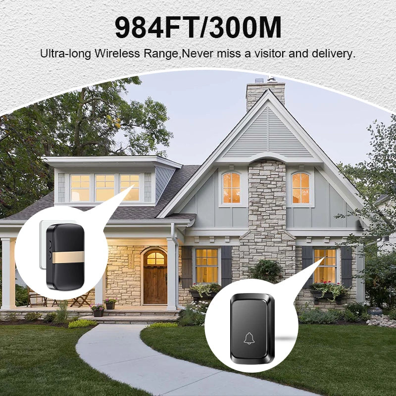 Battery Powered DC Wireless Doorbell 300M/984FT Range 60Songs Welcome Door Bell Chime Kit For Home, Store,Office ,Classroom etc.