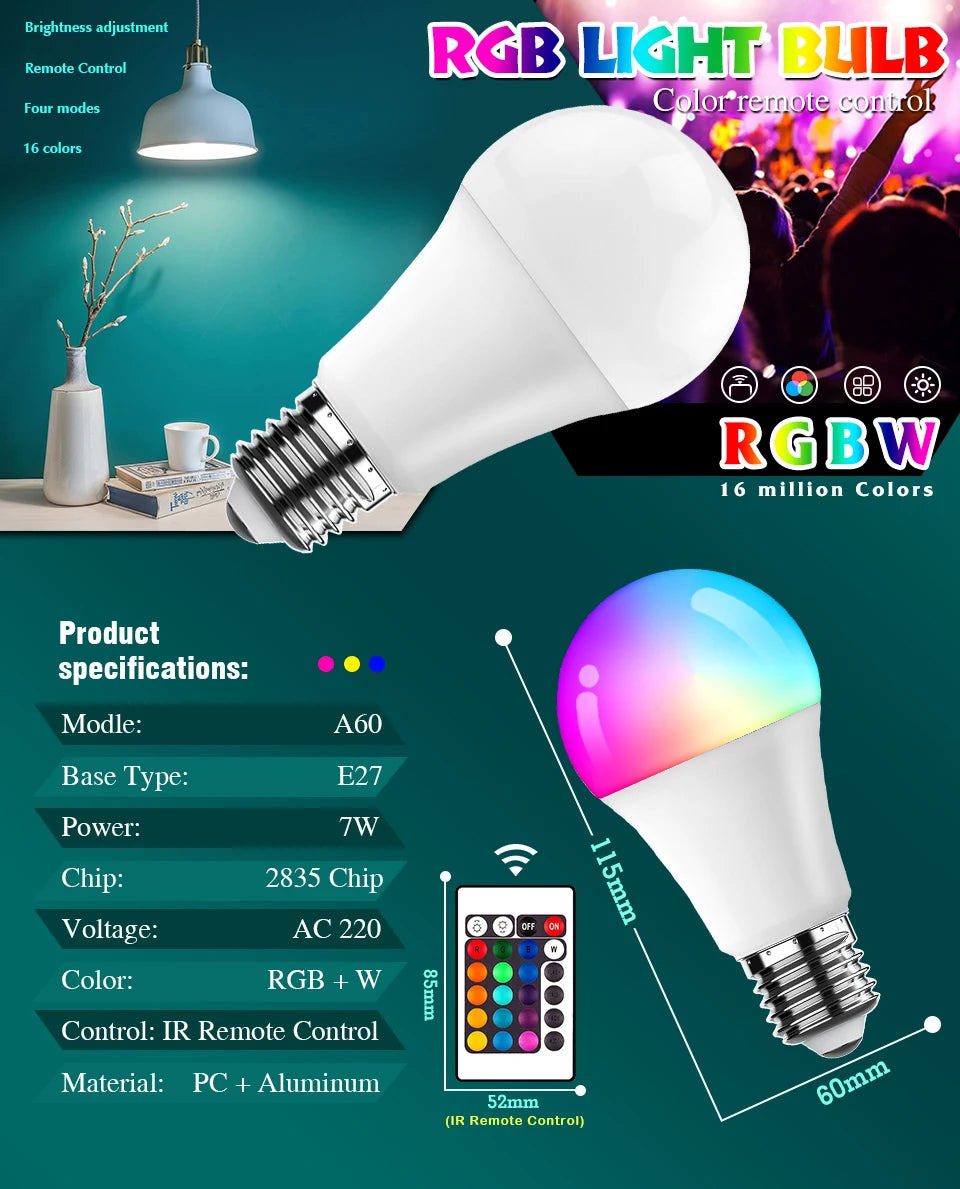E27 Remote Control Lamp Led RGB Light Dimmable AC220V 7W RGBW Led Lamp Colorful Changing Bulb Led Lampada RGBW White Decor Home