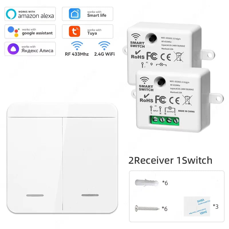 Tuya Smart Home Wifi RF433 Mhz Switch 1/2/3gang Button Switch Strong Signal Wiring-free Remote Control  Works with Alexa Google
