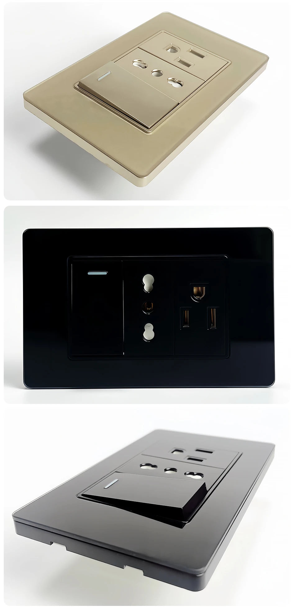 118*75mm TEMPERED GLASS SWITCH PANEL Wall Socket with USB Type - C, Grey US Switch, Thai Plug for Home & Office Use