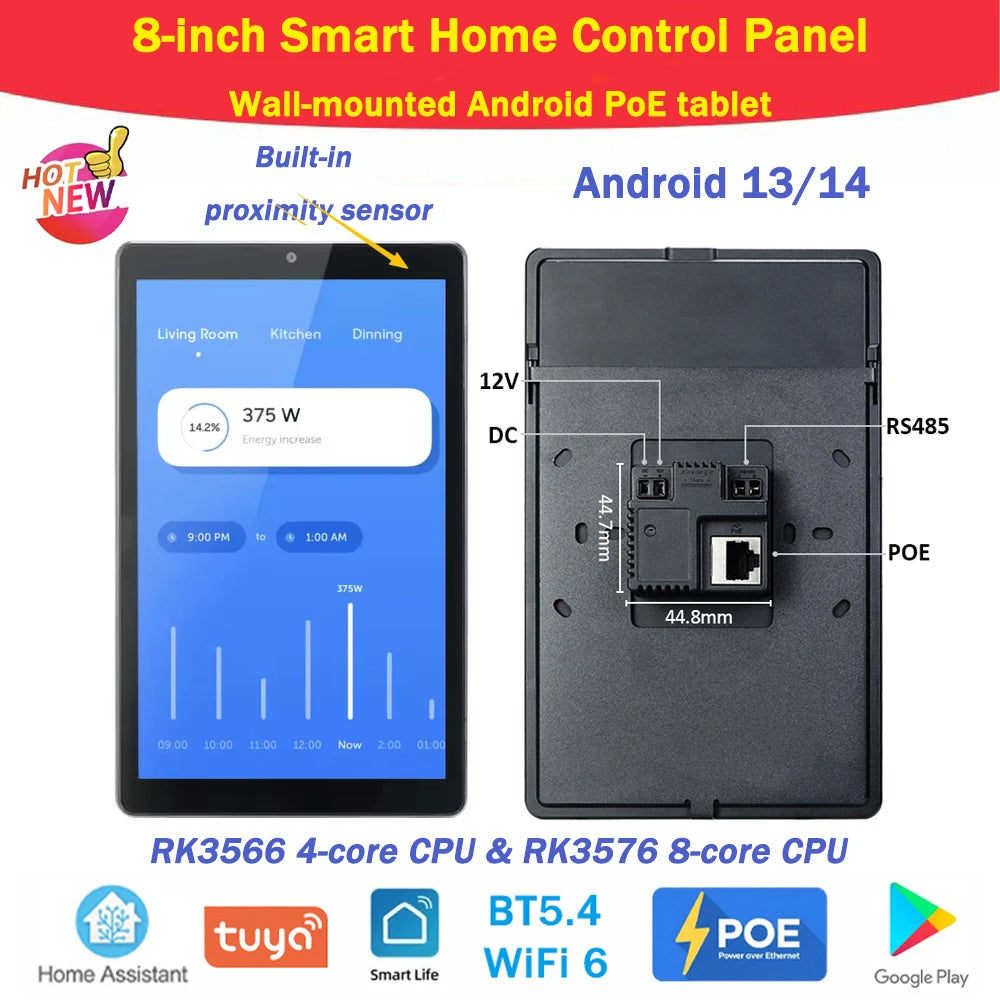 2026 New Wall-Mounted Android 13/14 OS, PoE Tablet Smart Home Control Panel, Built-in Proximity Sensor, RS485, RJ45, Camera, LED