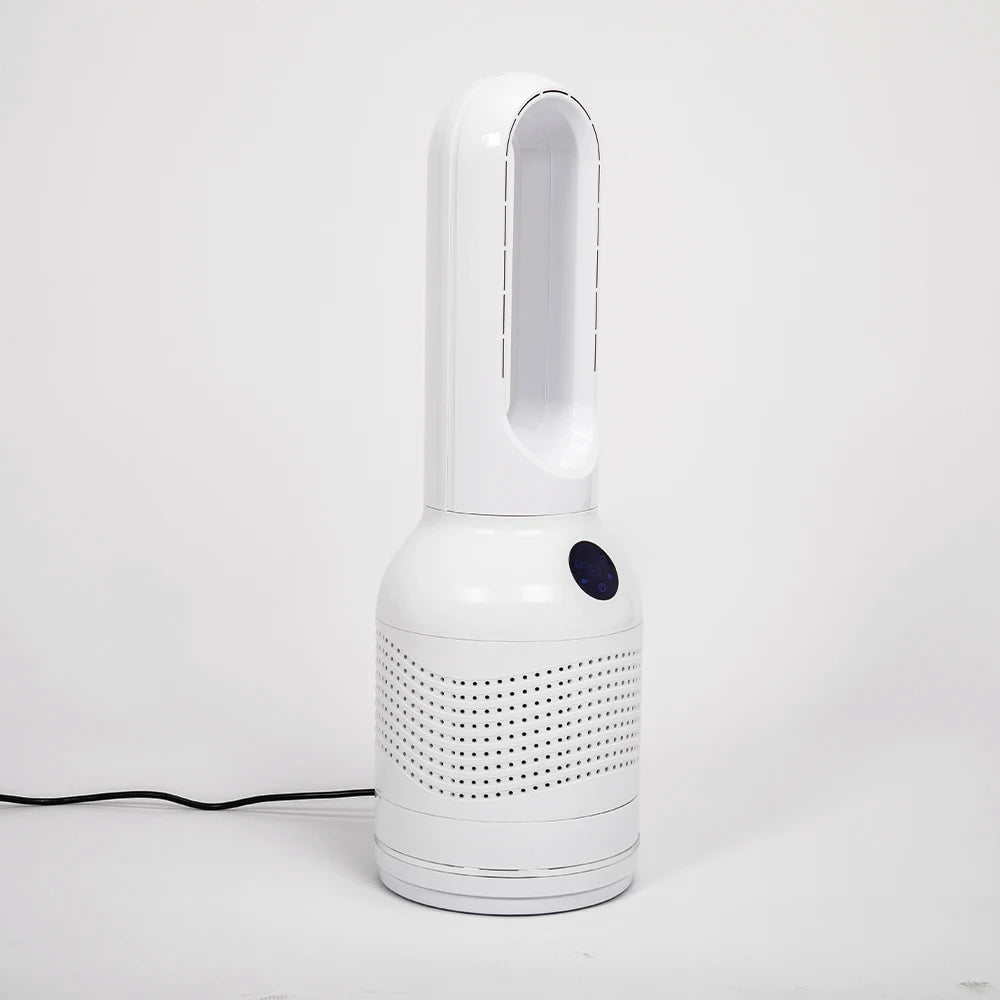 Smart 3-in-1 Air Purifier Bladeless Tower Pedestal Fan with Electric Heater and Leafless Standing Feature for Household Use