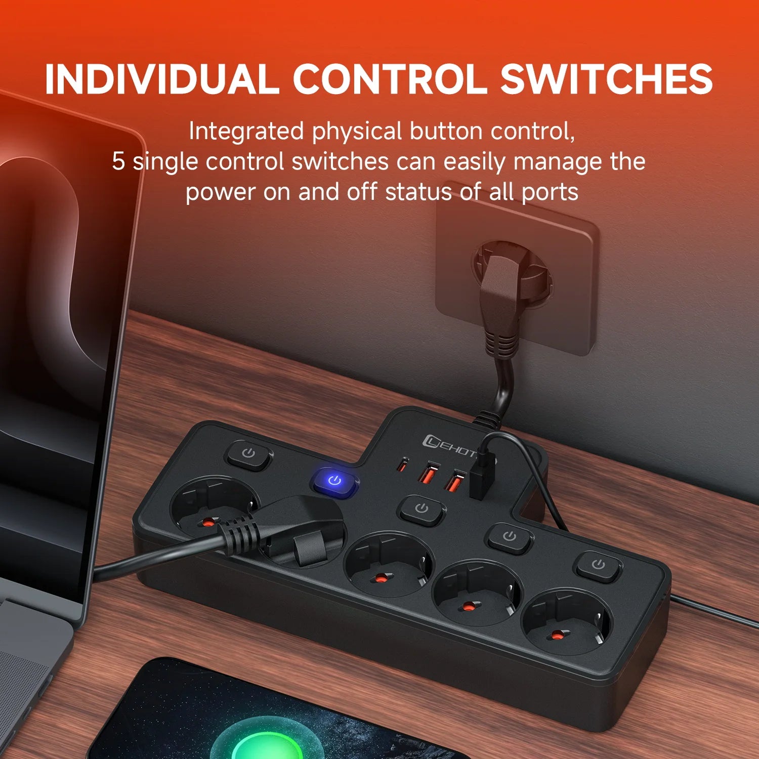 2500W EU AC Plug Power Strip Independent Switch Wall Mounted European Standard Plug Socket Network Filter With USB C Charging