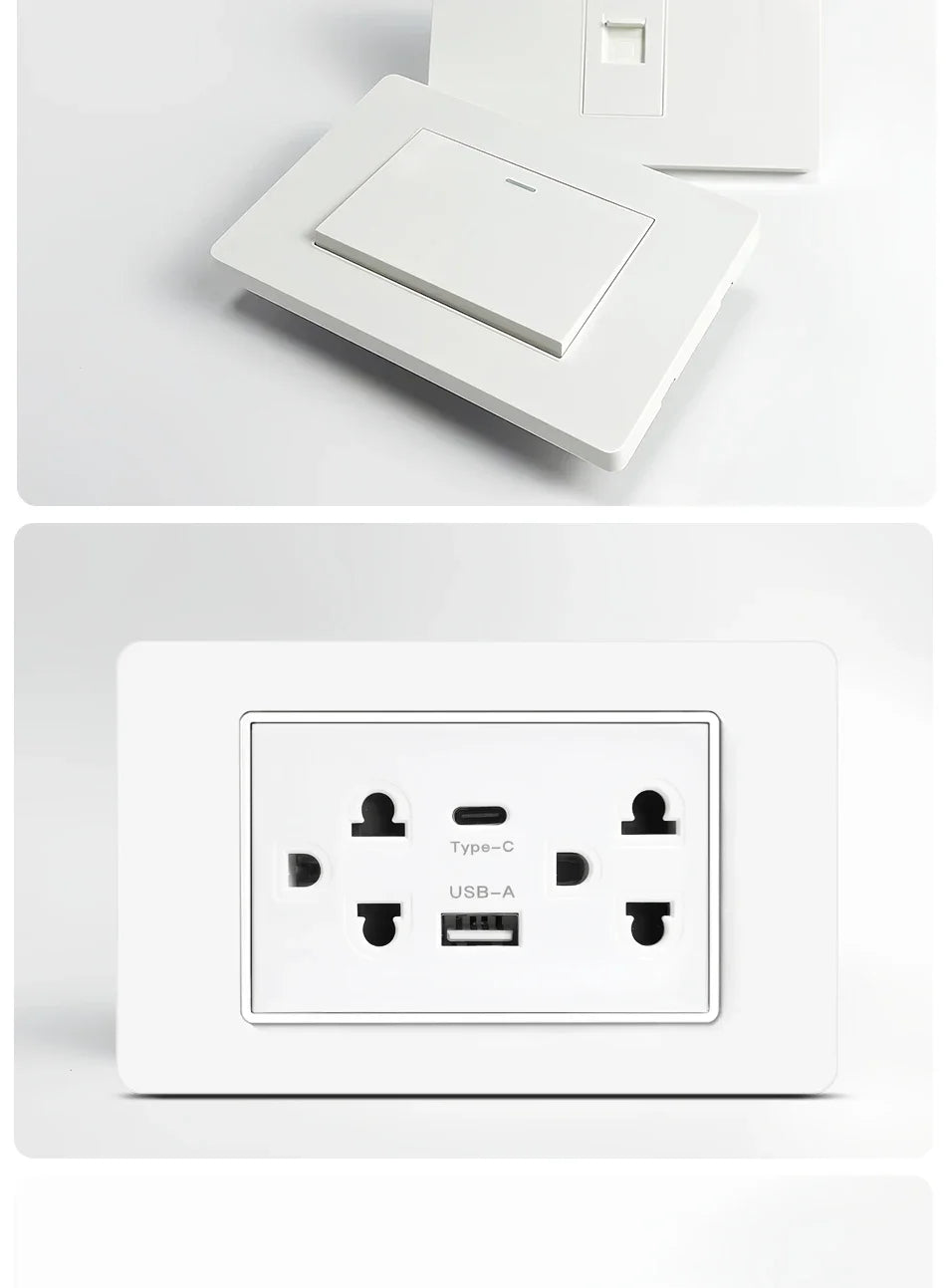 T&I 118*75mm Tempered Glass US Wall Socket White Thai USB Socket Plug with Dual USB Type-C Ports,Light Switch 110V