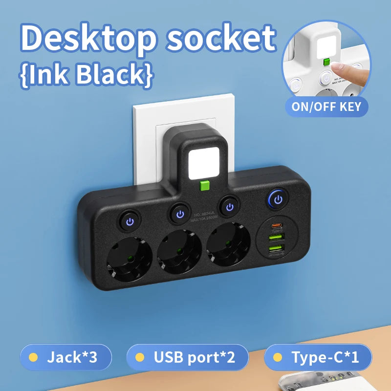 5-Sockets Electrical Socket EU Socket Plug Outlet No Extension Cord With or without it USB Type-C Ports Two specifications