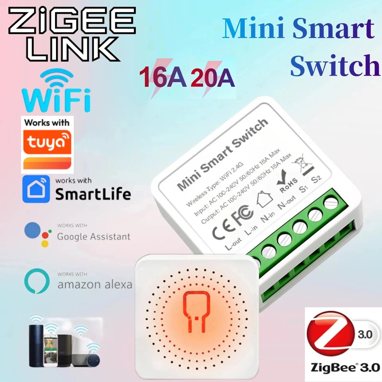 For Tuya Mini Smart WiFi Switch 16A Zigbee DIY Light Smart Switch Relay Breaker Automation Module 2-way Control Home Assistant