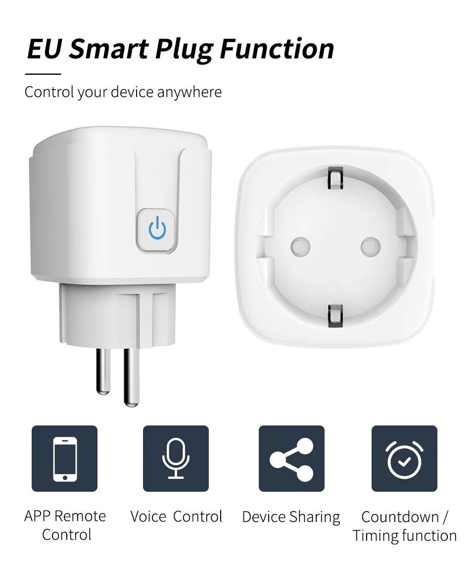 Smart Socket EU 16A/20A AC100-240V Wifi Smart Plug Power Outlet, Alexa Google Home Voice Control, For Tuya Smart Life APP