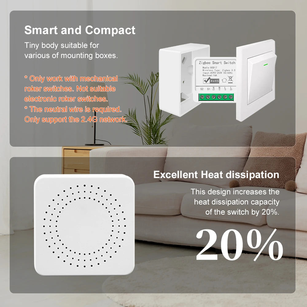 Smart ZigBee3.0 Light Switch Module 16A MiNi DIY Breaker Switch Supports 2 Way Control App Remote Control for Alexa Google Home