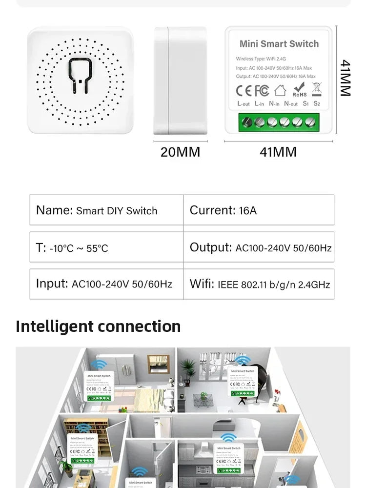 For Tuya Mini Smart WiFi Switch 16A Zigbee DIY Light Smart Switch Relay Breaker Automation Module 2-way Control Home Assistant