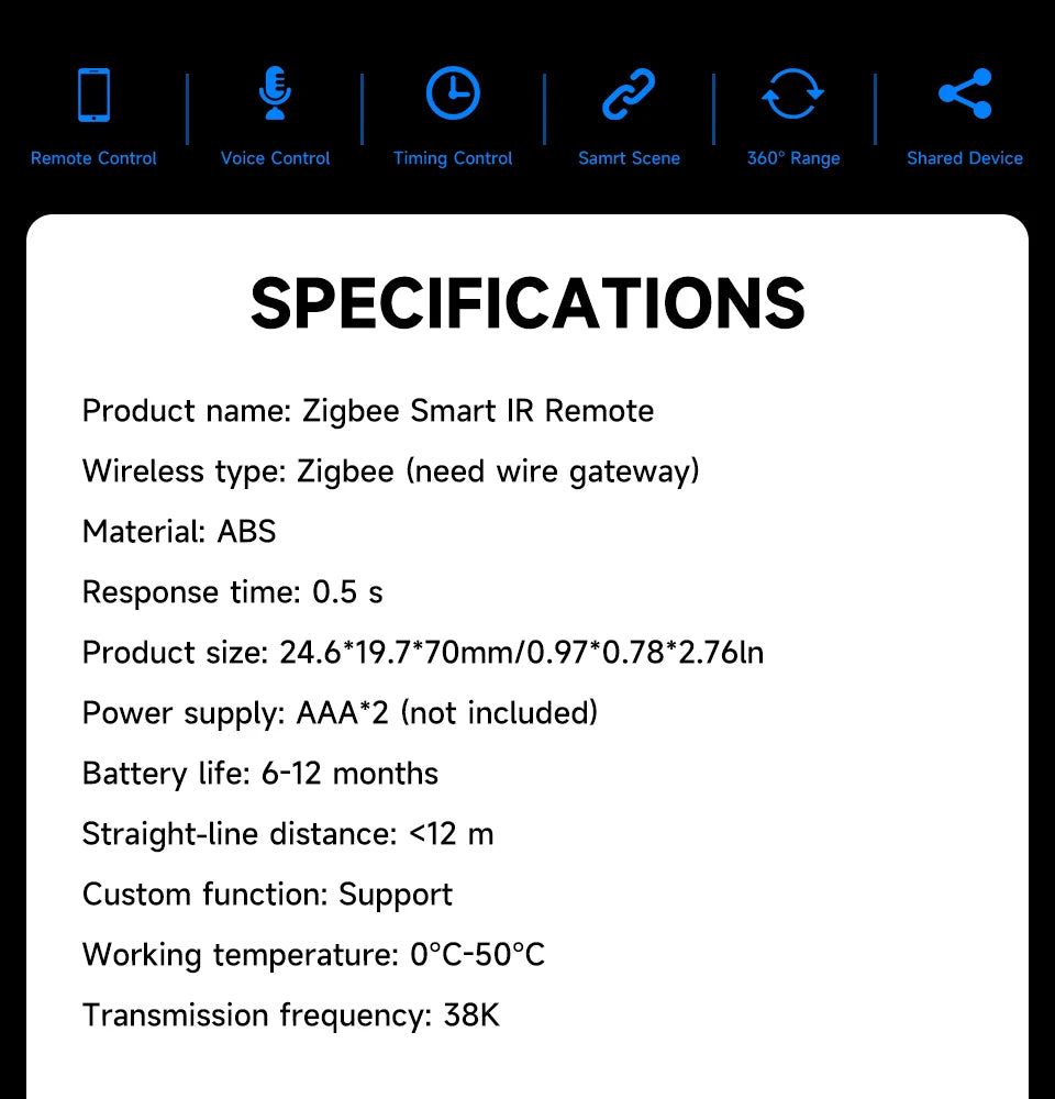 IHSENO Tuya Zigbee IR Remote Controller Smart Home Zigbee IR Remote Battery-Powered Compatible with Alexa Google Assistant