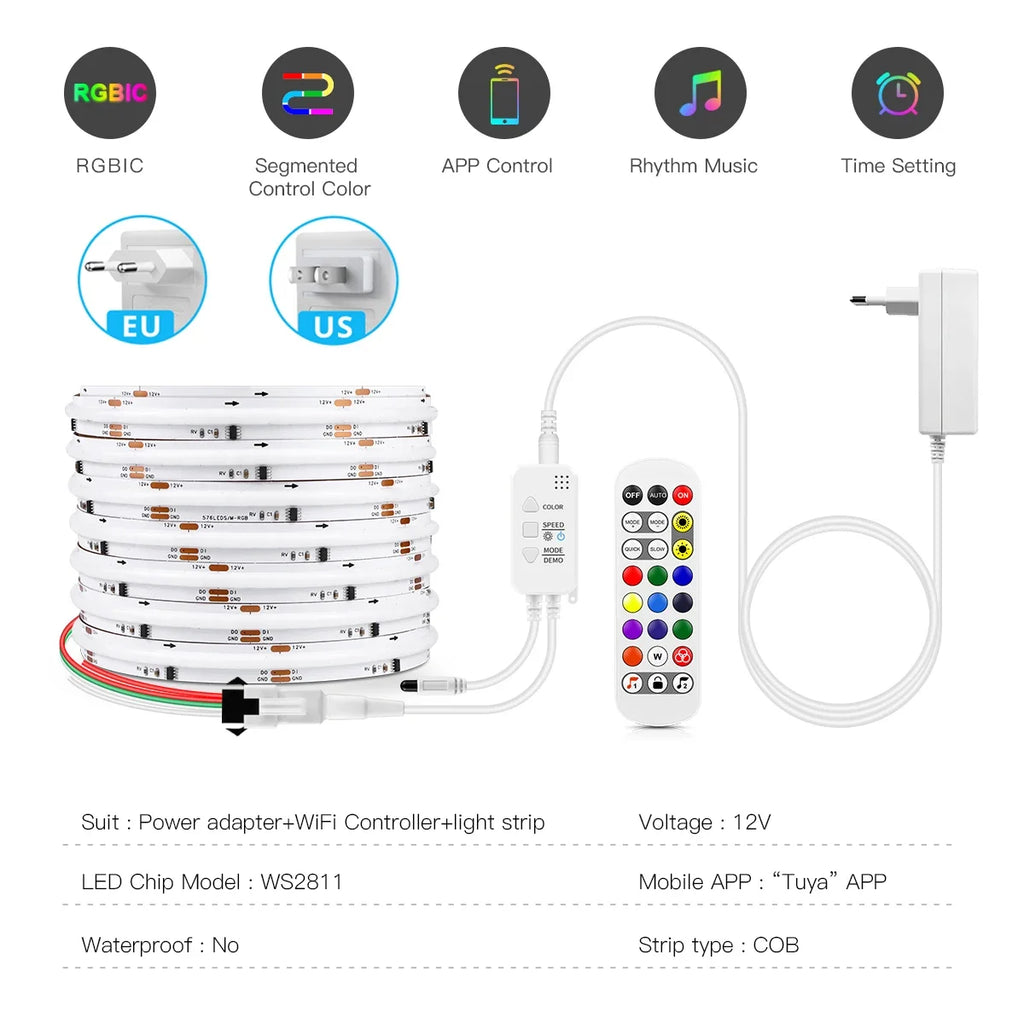 12V Tuya Smart Life App Control RGBIC COB LED Strip Light DIY Addressable WS2811 IC Flexible Tape Ambinet Light for Alexa Google